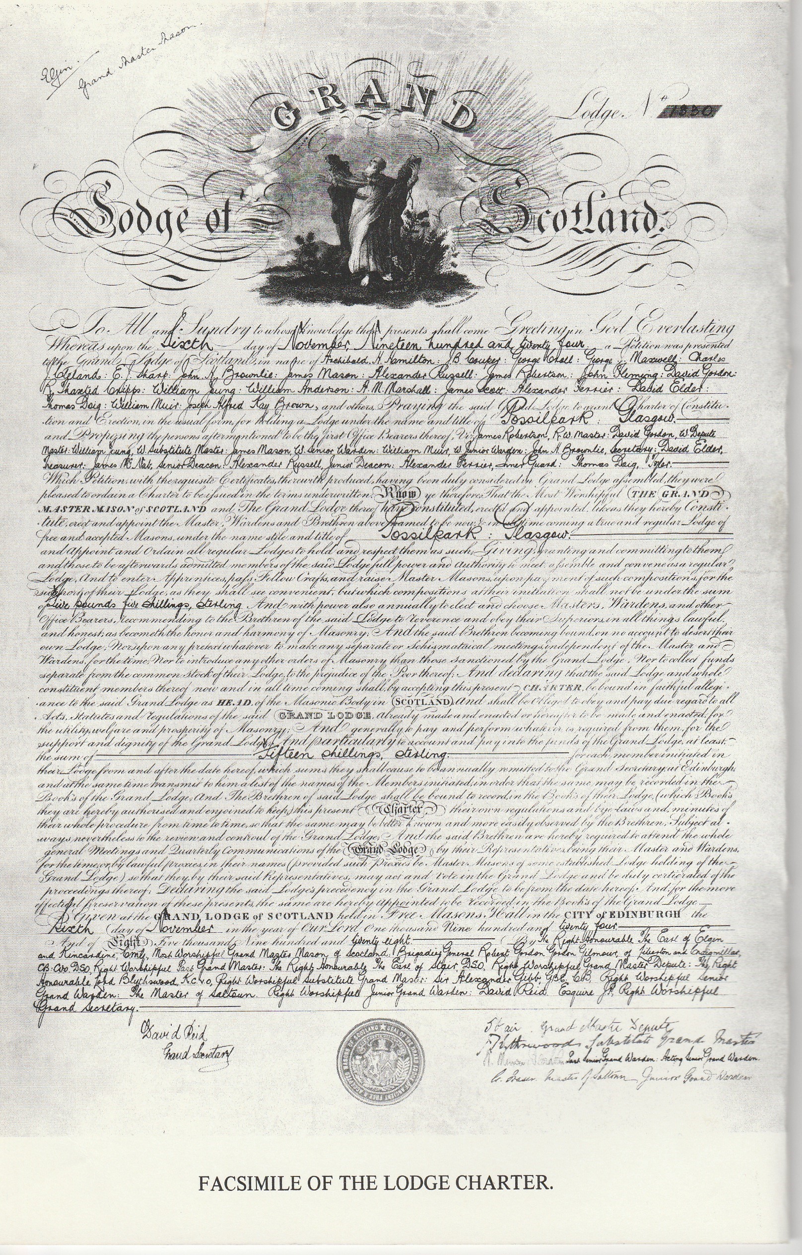 Charter of Lodge Possilpark No. 1330 issued by the Grand Lodge of Scotland